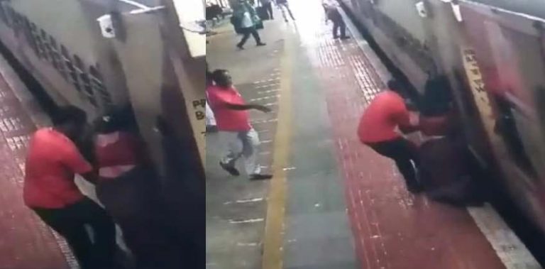 ರೈಲು ಹಳಿ ಮೇಲೆ ಬಿದ್ದ ಮಹಿಳೆಯನ್ನು ರಕ್ಷಣೆ ಮಾಡಿದ ರೈಲ್ವೇ ಪೋರ್ಟರ್ rail