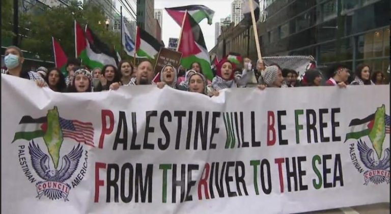 ಇಸ್ರೇಲ್ ಆಕ್ರಮಣದ ವಿರುದ್ಧ ಪ್ಯಾಲೆಸ್ತೀನ್ ಅಮೆರಿಕನ್ನರು ಚಿಕಾಗೋದಲ್ಲಿ ಬೃಹತ್ ಪ್ರತಿಭಟನಾ ರ್ಯಾಲಿ chikago