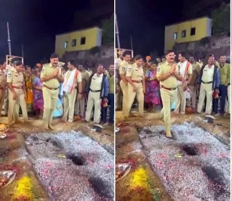 ತೆಲಂಗಾಣ ಪೊಲೀಸ್ ಅಧಿಕಾರಿಗಳ ಎಡವಟ್ಟು: ಪೊಲೀಸ್ ಡ್ರೆಸ್ ನಲ್ಲೇ ಅಗ್ನಿಕುಂಡ ಪ್ರವೇಶ thelangana