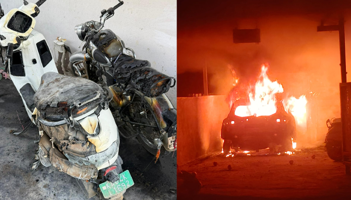 ಮನೆ ಮುಂದೆ ನಿಲ್ಲಿಸಿದ್ದ ವಾಹನಗಳಿಗೆ ಬೆಂಕಿ ಹಚ್ಚಿದ ಕಿಡಿಗೇಡಿಗಳು: ಕಾರು, ಬೈಕ್ ಗಳು ಸುಟ್ಟು ಭಸ್ಮ koratagere