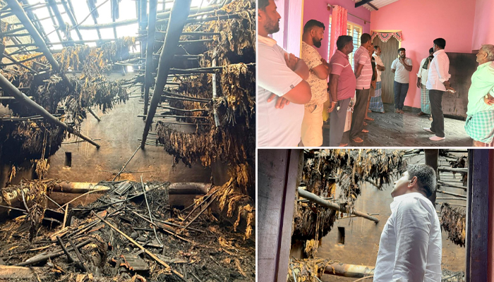 ಅರಕಲಗೂಡು ಬಳಿ ಆಕಸ್ಮಿಕ ಬೆಂಕಿ: ಸುಟ್ಟು ಕರಕಲಾದ ತಂಬಾಕು ಬ್ಯಾರಲ್ ಮನೆ arakalagodu